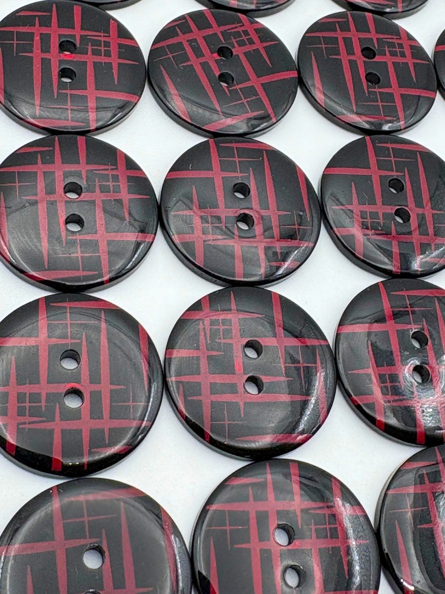 12 Red Stripes Buttons, Large 23mm Wide, Glossy Black Background, Sewing, Crafts