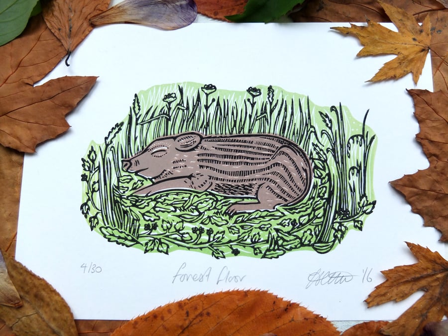 SALE Forest Floor Wild Boar Pig Lino Print 