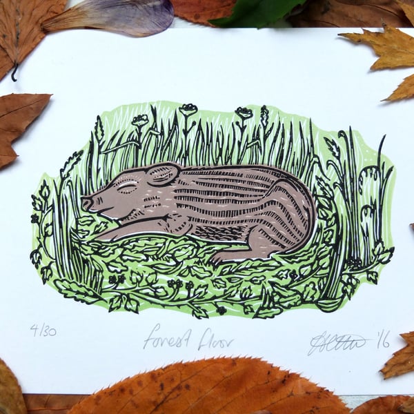 SALE Forest Floor Wild Boar Pig Lino Print 