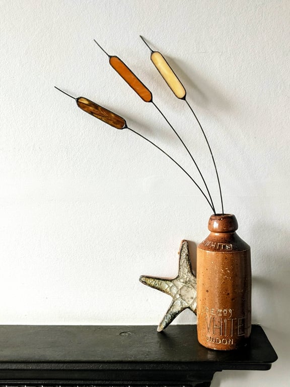 Stained Glass Stems, Trio of Bulrushes, Tiffany Suncatcher, Glass Wire Stems