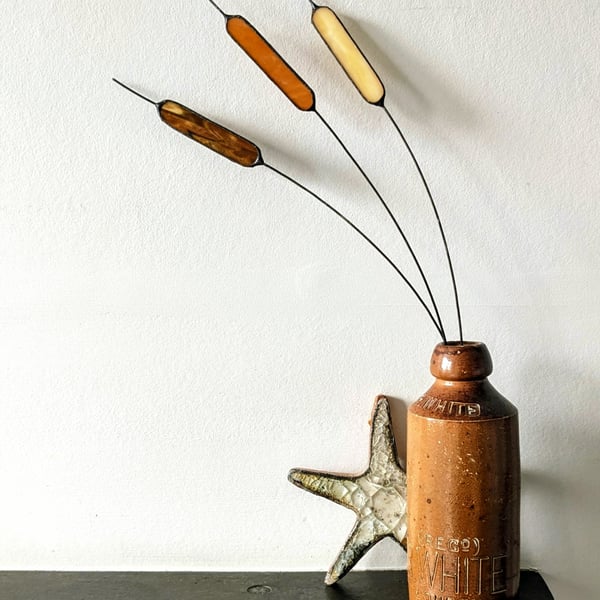 Stained Glass Stems, Trio of Bulrushes, Tiffany Suncatcher, Glass Wire Stems