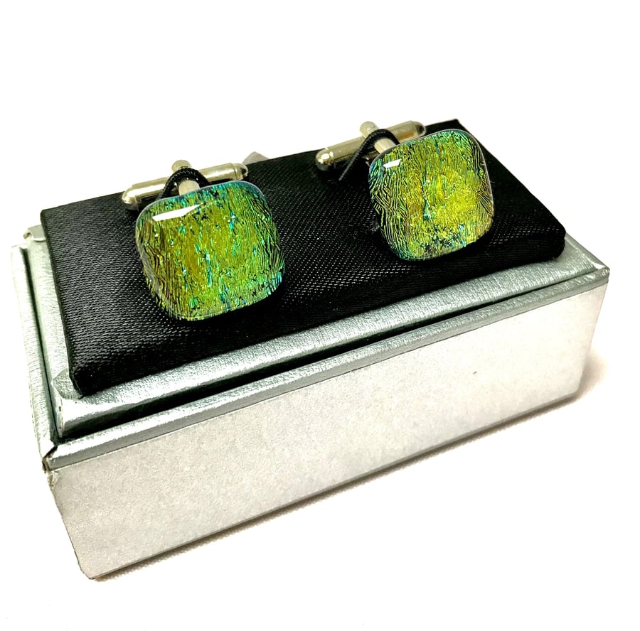 Gold-Green Shimmering Glass Cuff Links
