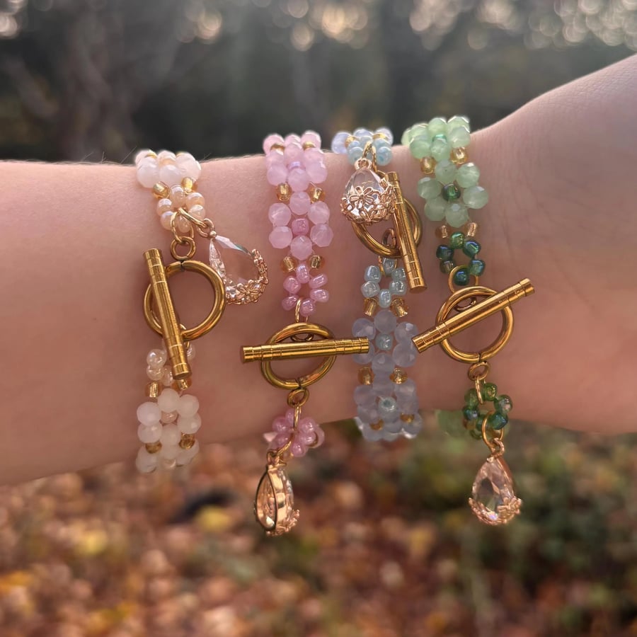 Pastel Floral Beaded Bracelet - Crystal Charm - Stackable Handmade Jewellery