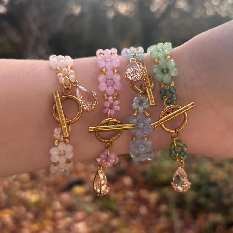 Pastel Floral Beaded Bracelet - Crystal Charm - Stackable Handmade Jewellery