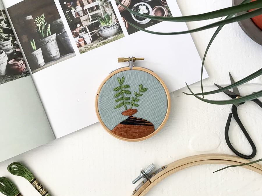 Botanical Foliage embroidery. Botanical art. Embroidered hoop. modern embroidery