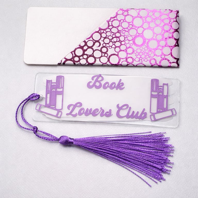 Book Lovers Club Acrylic Bookmark – Purple Vinyl Decal with Tassel & Sleeve