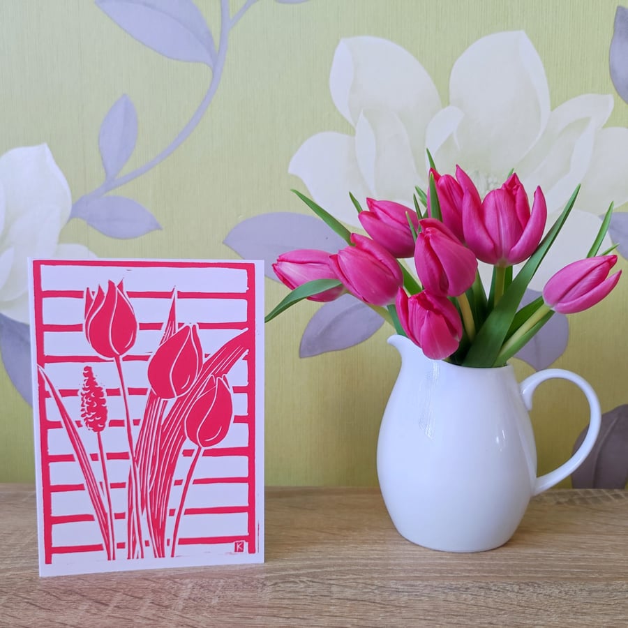 Spring flowers Luxury original handmade lino print card in pink