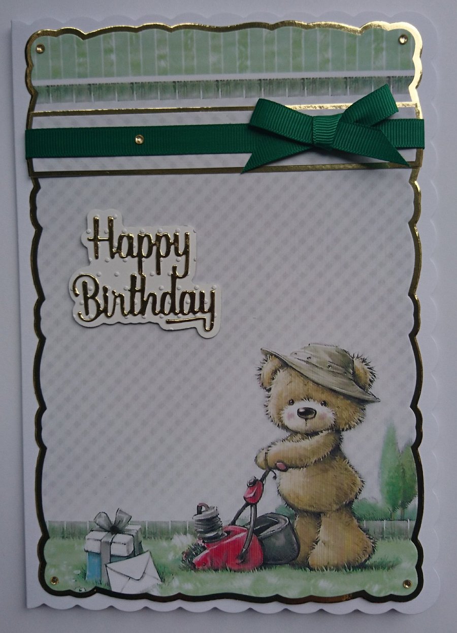 Male Birthday Card Teddy Bear Mowing the Lawn Happy Birthday 3D Luxury