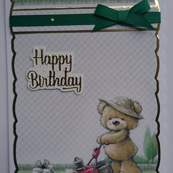Male Birthday Card Teddy Bear Mowing the Lawn Happy Birthday 3D Luxury