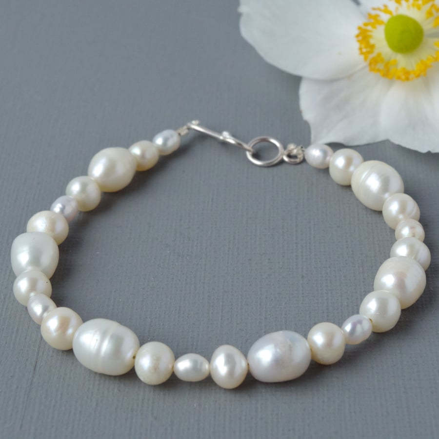 Bohemian Ivory Cream Freshwater Pearl Bracelet  Sterling Silver Clasp 