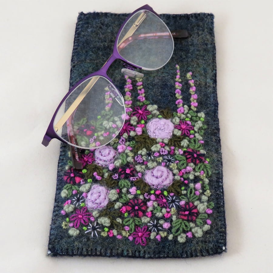 Embroidered Glasses Case  - purple garden on recycled blue green tweed