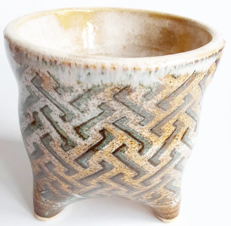 Three Legged Houseplant Holder in Caramel and Blue Glazes 