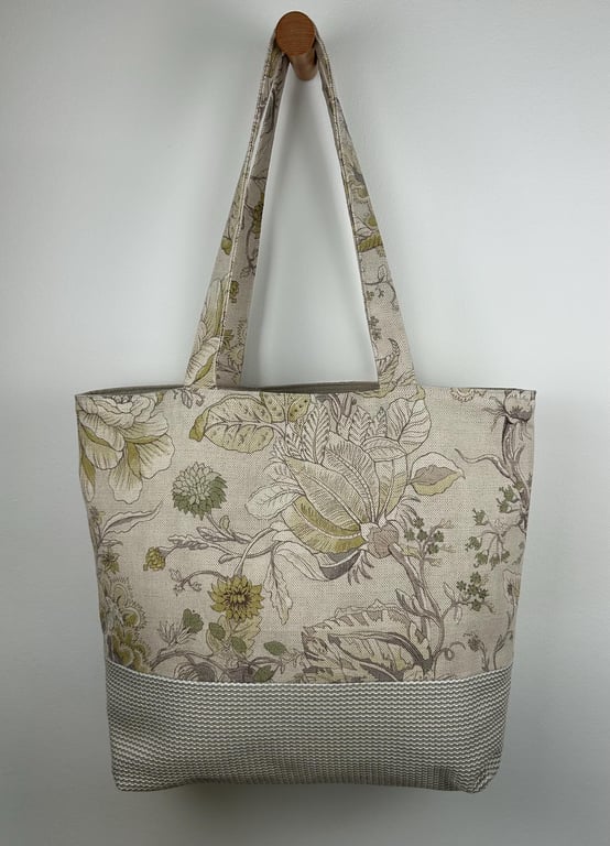Floral Cotton Linen Tote Bag, Neutral Upholstery Base