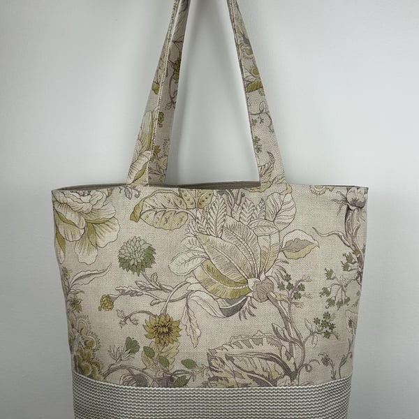 Floral Cotton Linen Tote Bag, Neutral Upholstery Base