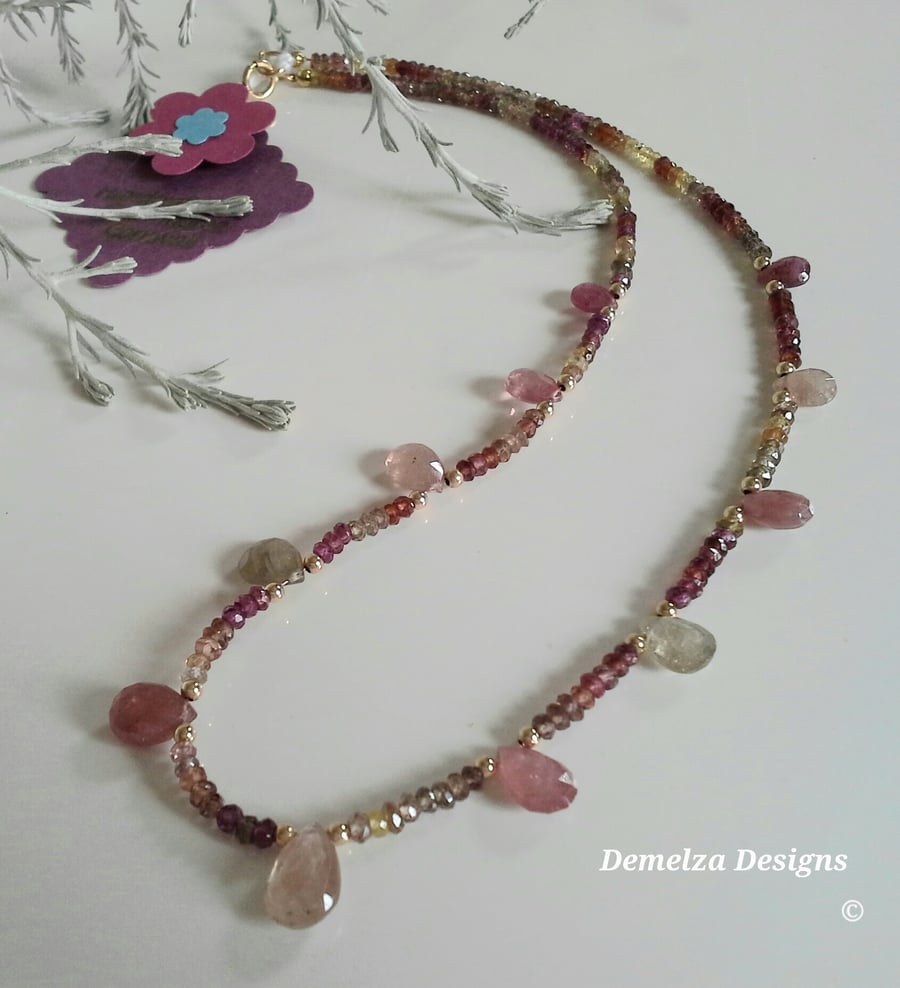 Designer Genuine Pink Sapphires, Genuine Spinel & Garnet Gold Vermeil Necklace