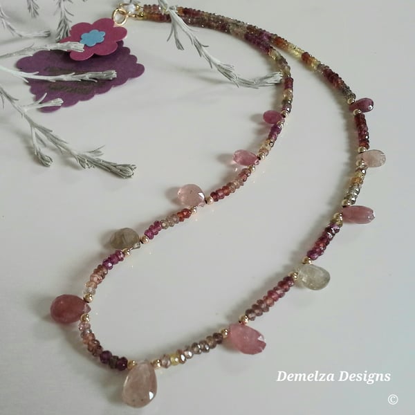 Designer Genuine Pink Sapphires, Genuine Spinel & Garnet Gold Vermeil Necklace