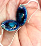 earrings - small oval blue glass lump on blue enamel, silver wires - Image 3