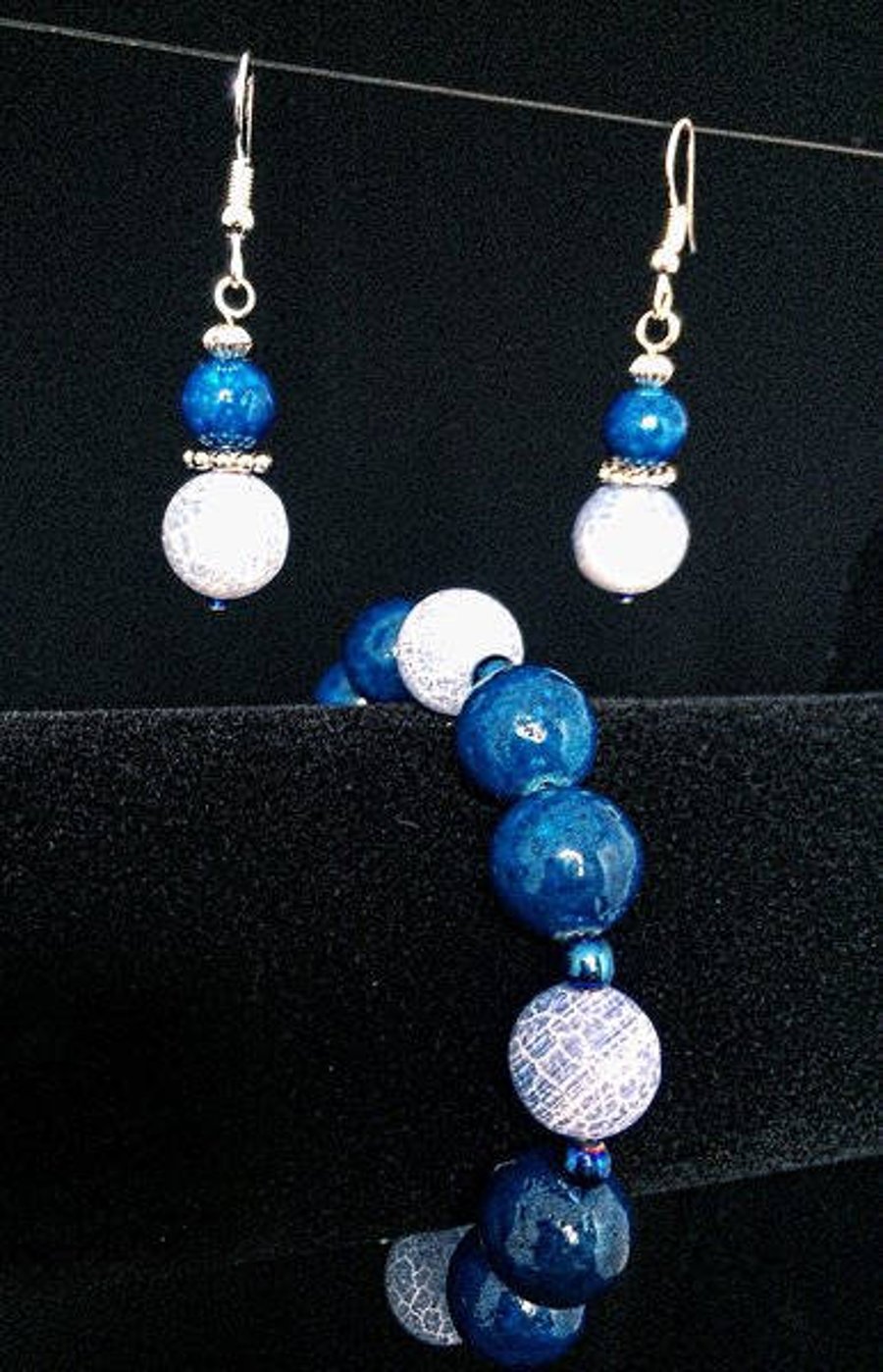 Blue Fire Agate and Blue Marble Bracelet and Matching Earrings