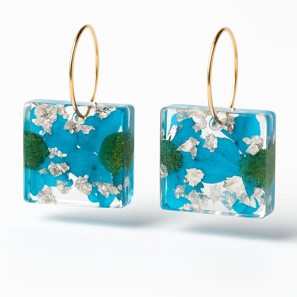 Square Blue Flower Resin Earrings – Silver Leaf Botanical Dangle Drops