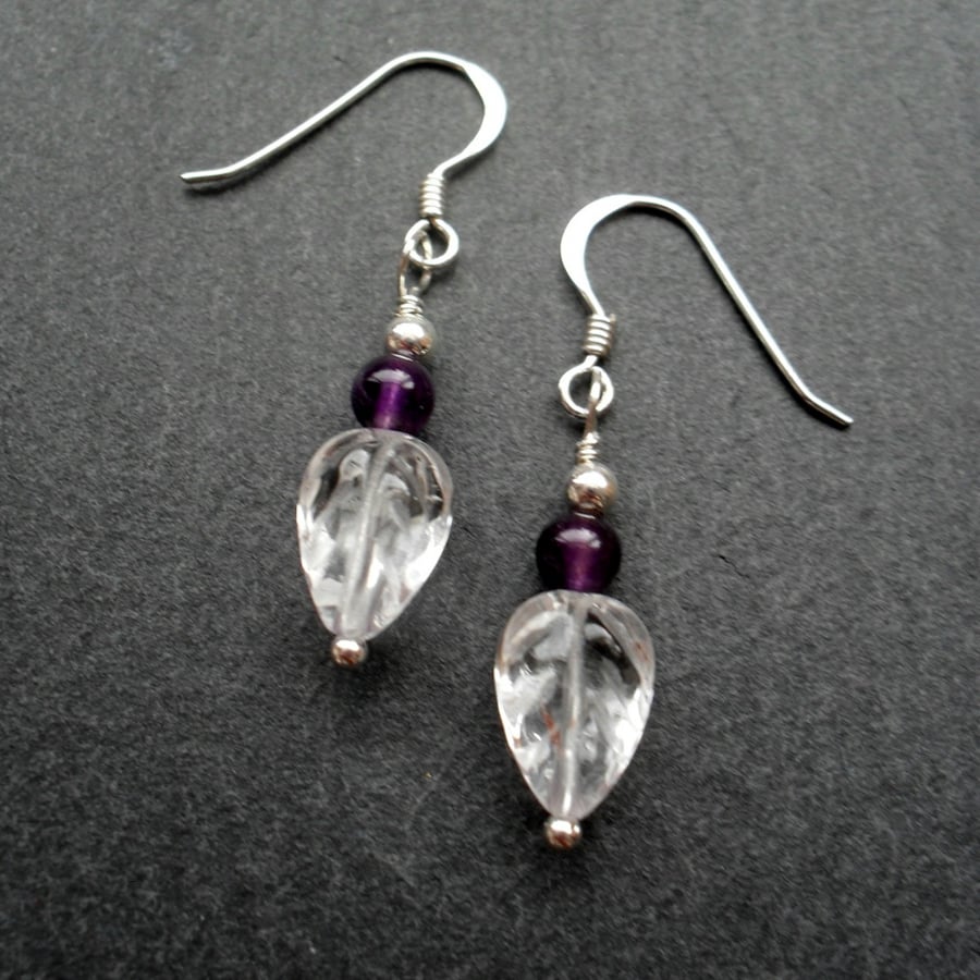 Amethyst and Carved Quartz Leaf Earrings Sterling Silver February Birthstone