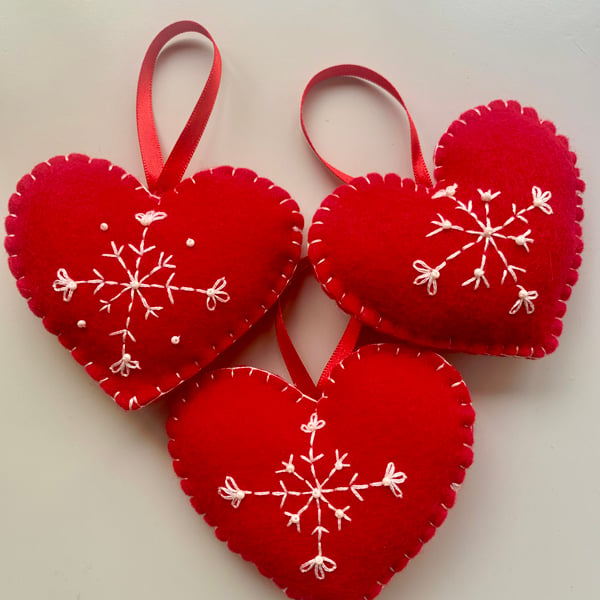 3 Red embroidered felt hearts 