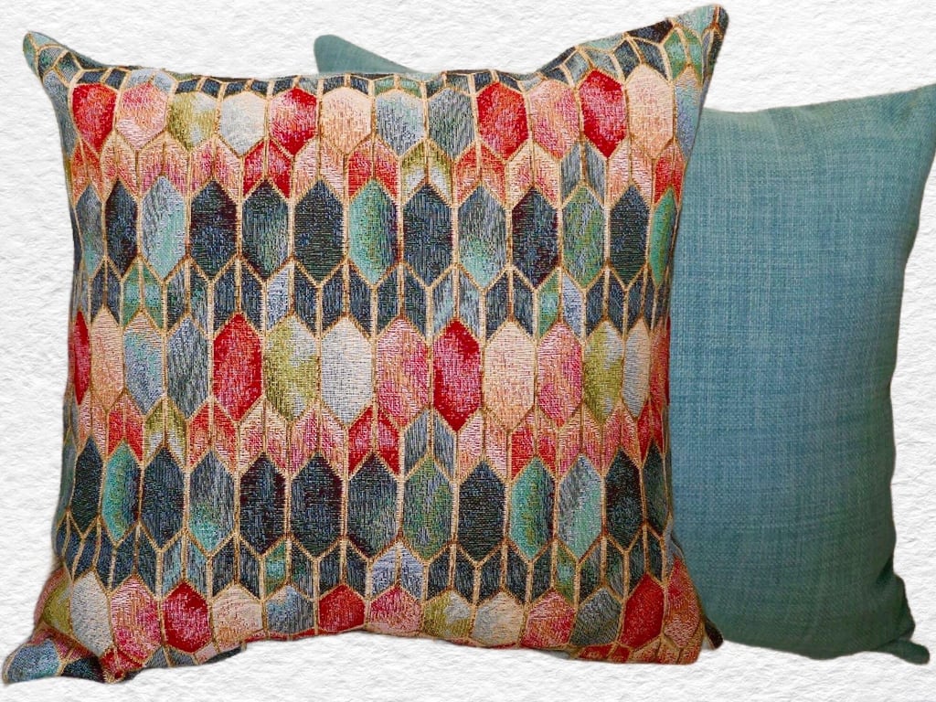 Cushion Cover: Tapestry Stained Glass design Duck Egg Blue reverse