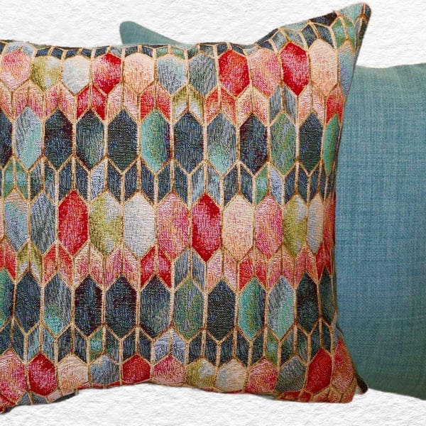 Cushion Cover: Tapestry Stained Glass design Duck Egg Blue reverse