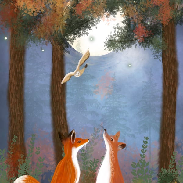 The Harvest Moon - Giclee Fox Under The Moonlight Print