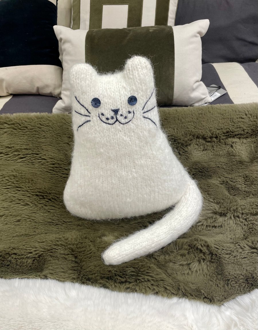 Hand knitted white mohair cat,   collectables, cat shaped cushion    
