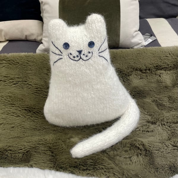 Hand knitted white mohair cat,   collectables, cat shaped cushion    