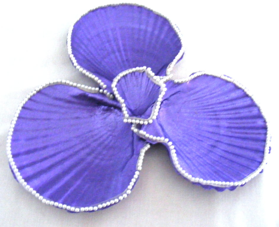 Metallic purple scallop shell trinket dish with pearl trim.