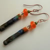 copper, orange lampwork and blue ceramic earrings