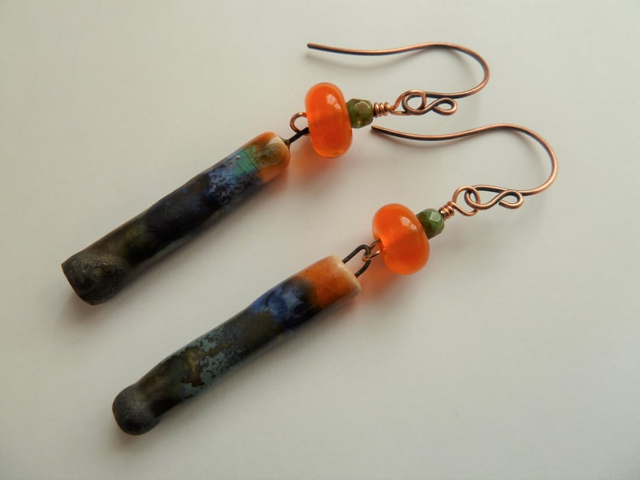 copper, orange lampwork and blue ceramic earrings
