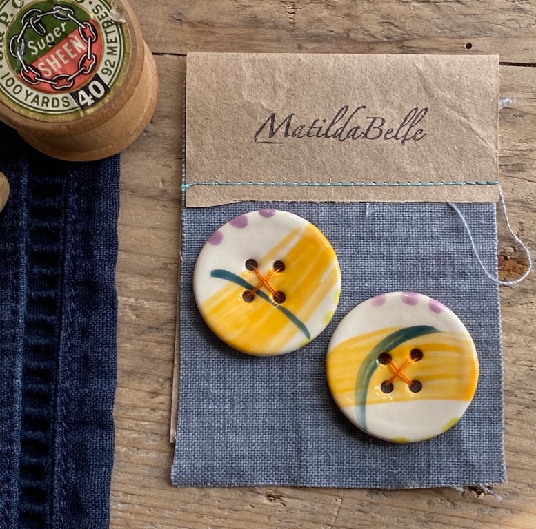 Buttons 32mm handmade pottery set of two large round orange buttons 