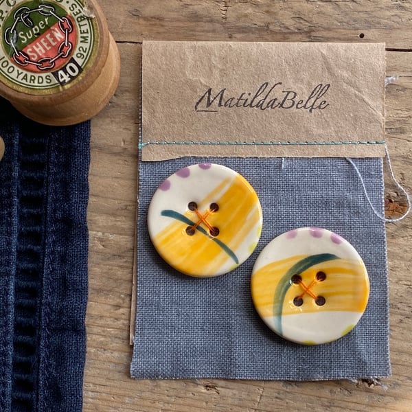 Buttons 32mm handmade pottery set of two large round orange buttons 