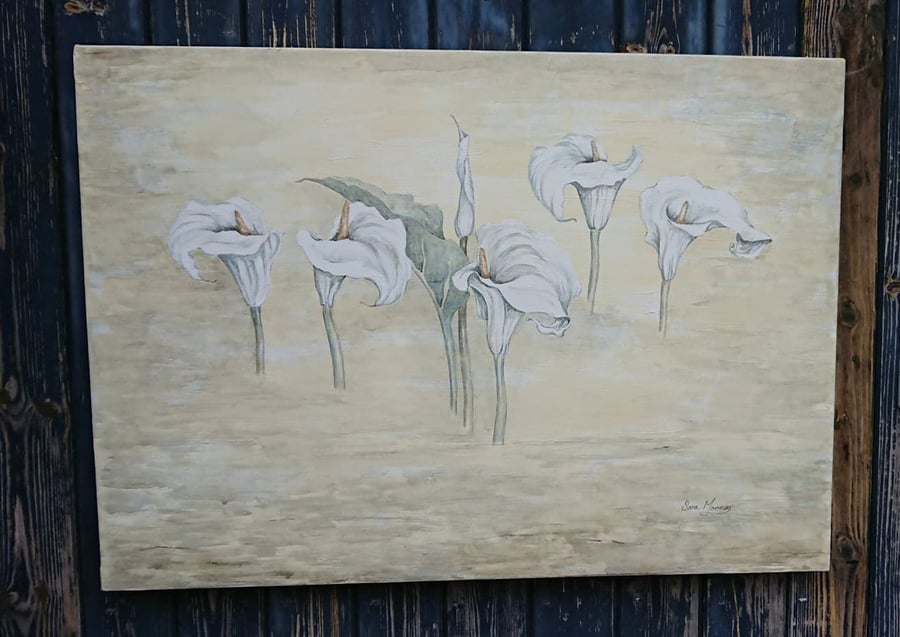 white calla lilies floating across a misty watercolour canvas.