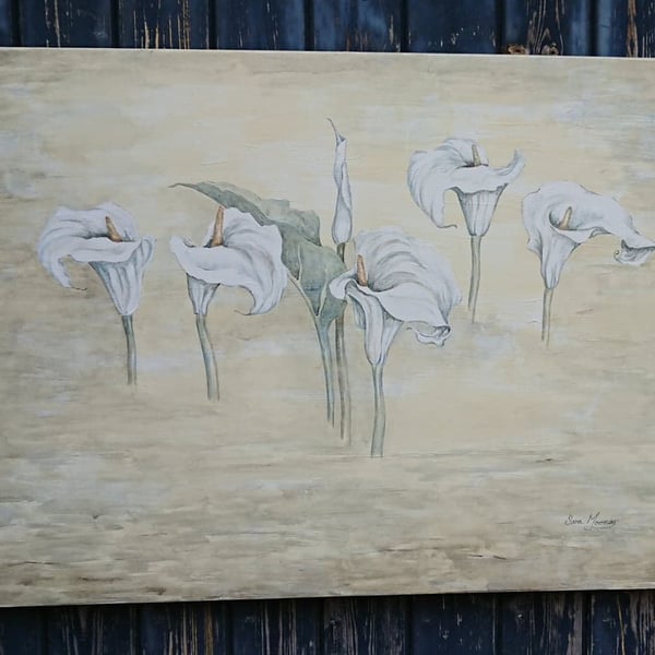 white calla lilies floating across a misty watercolour canvas.