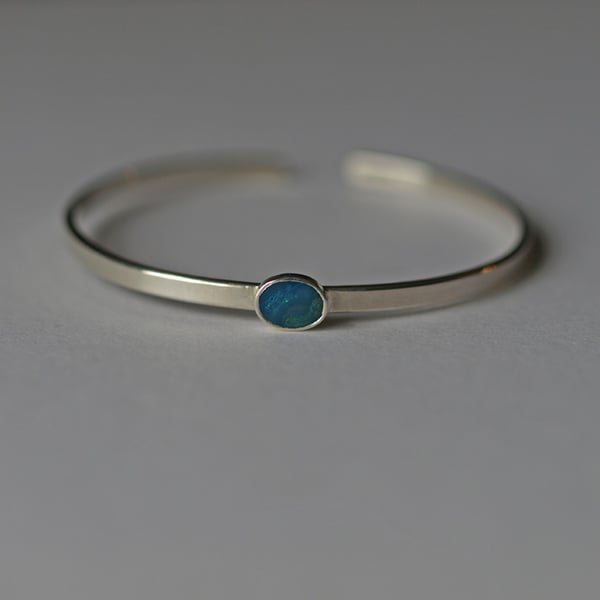 Opal Cuff Bracelet, Sterling Silver Gemstone Open Bangle Bracelets