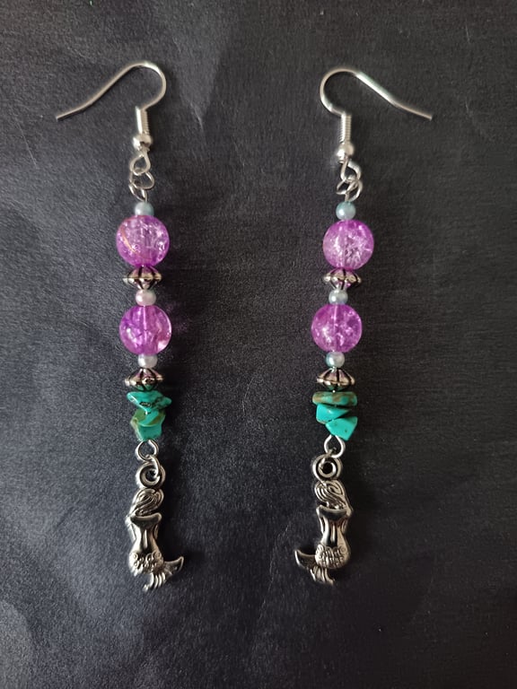 Silver beaded mermaid charm dangle earrings