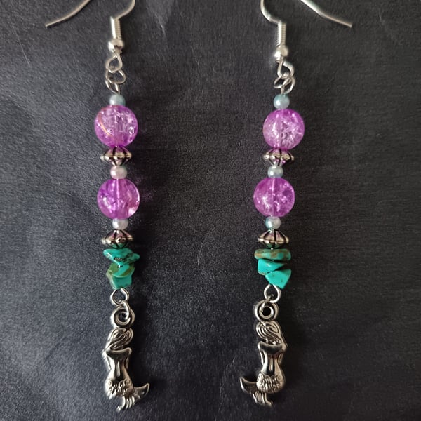 Silver beaded mermaid charm dangle earrings