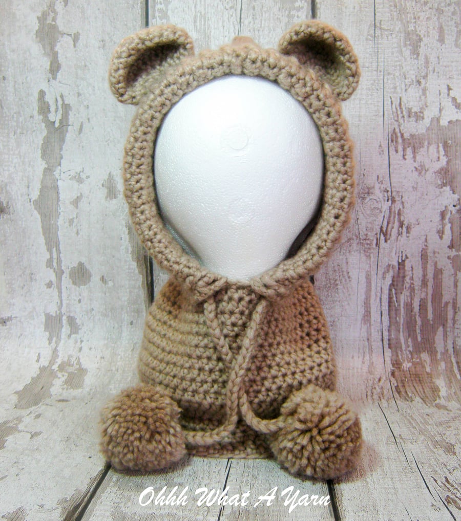 Beige chunky crochet teddy bear hood, snood - Toddler size 1-3 years approx