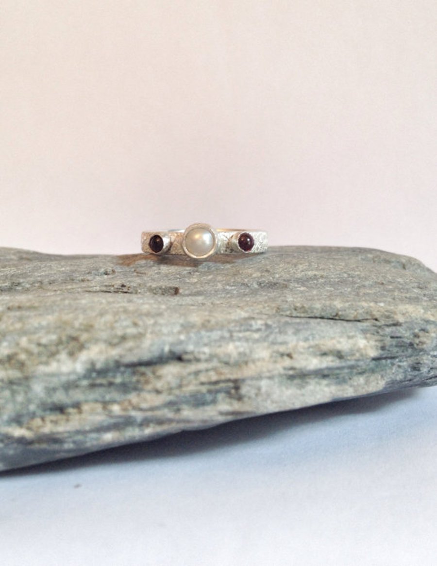 Pearl Ring - Pearl and Garnet Artisan Ring