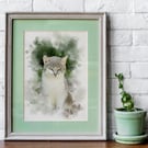 Watercolour Style Pet Portrait From Photo, Cat Portrait, Custom Pet Print