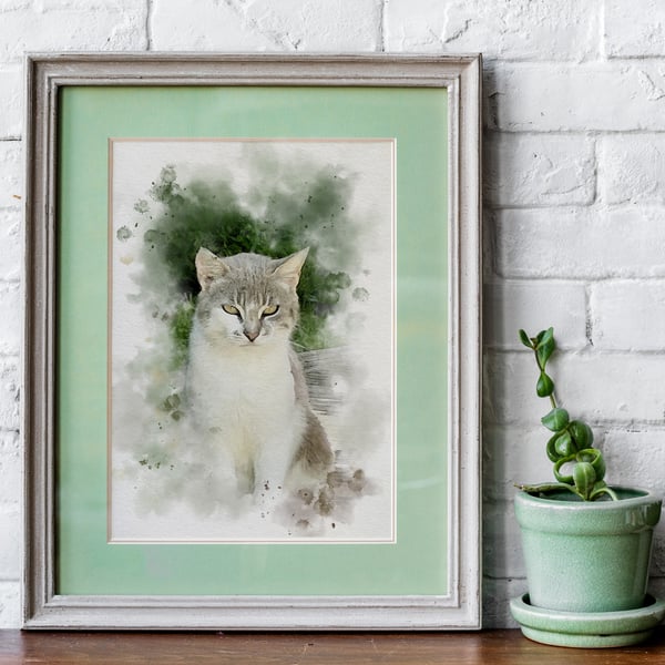 Watercolour Style Pet Portrait From Photo, Cat Portrait, Custom Pet Print