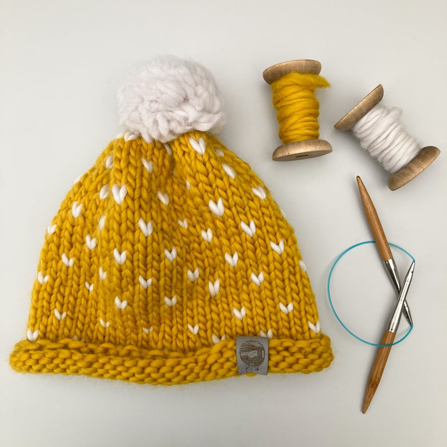 Mustard yellow heart spot bobble hat – merino wool handknitted hat with pom pom