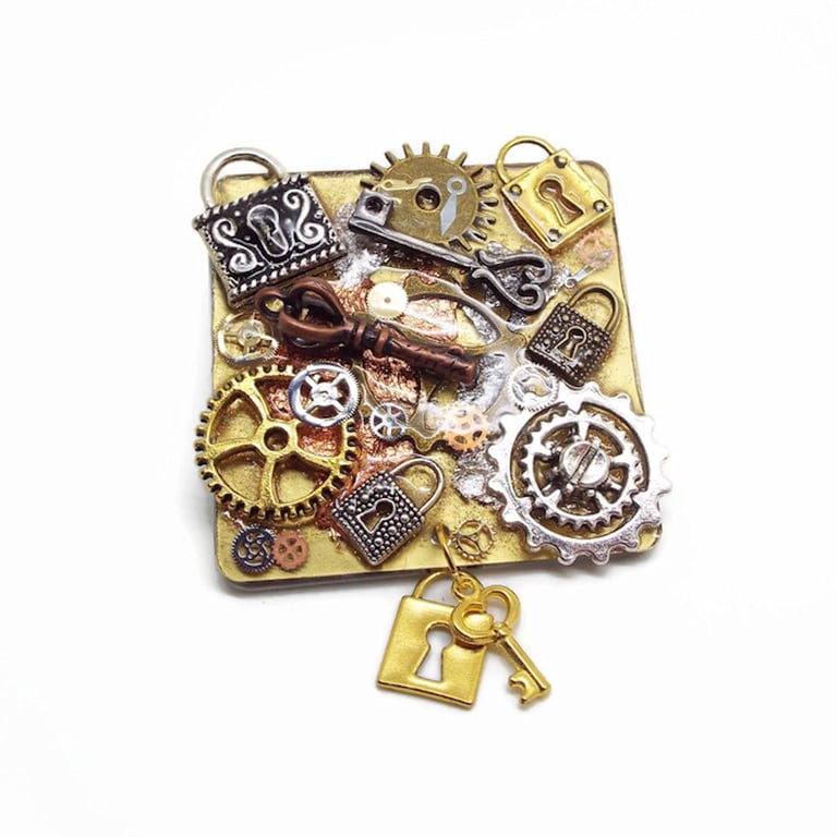 Handmade Fridge Magnet in Steampunk Style with Keys, Locks and Cogs