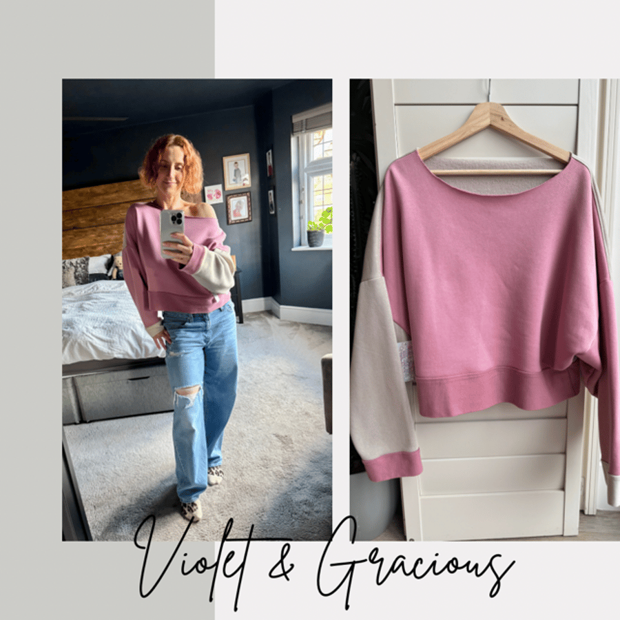 Boyfriend Sweater . Pink and Beige Sweater  . Off The Shoulder Sweater . size 10