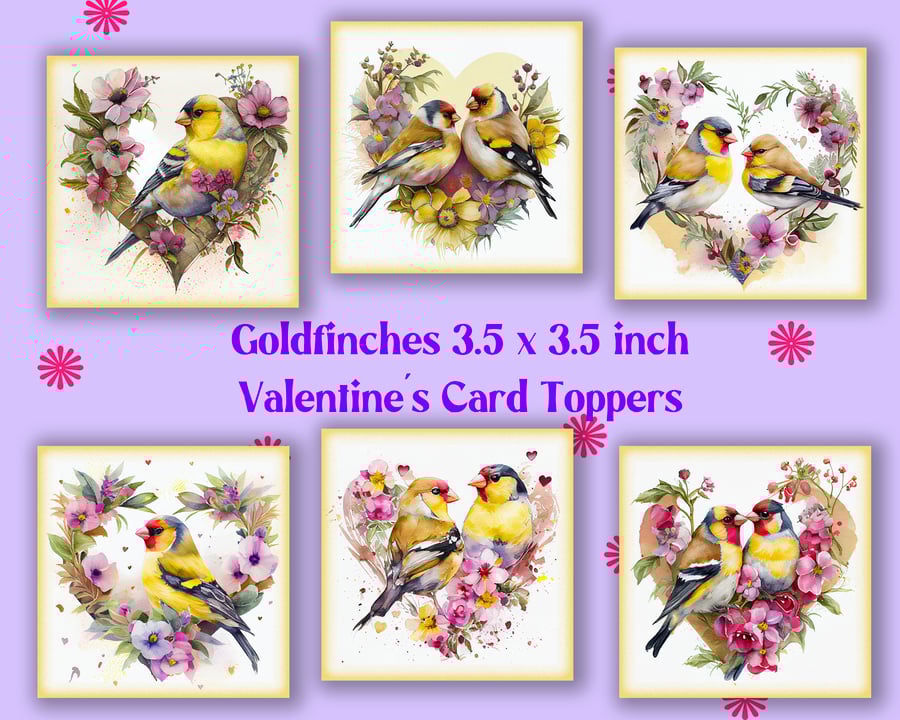 Goldfinches Square Card Toppers for Valentine's Card Making, Tags, Scrapbooking