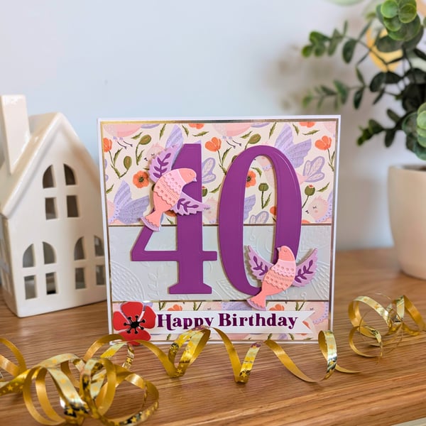 Birds and Poppies Handmade Milestone Age Birthday Card
