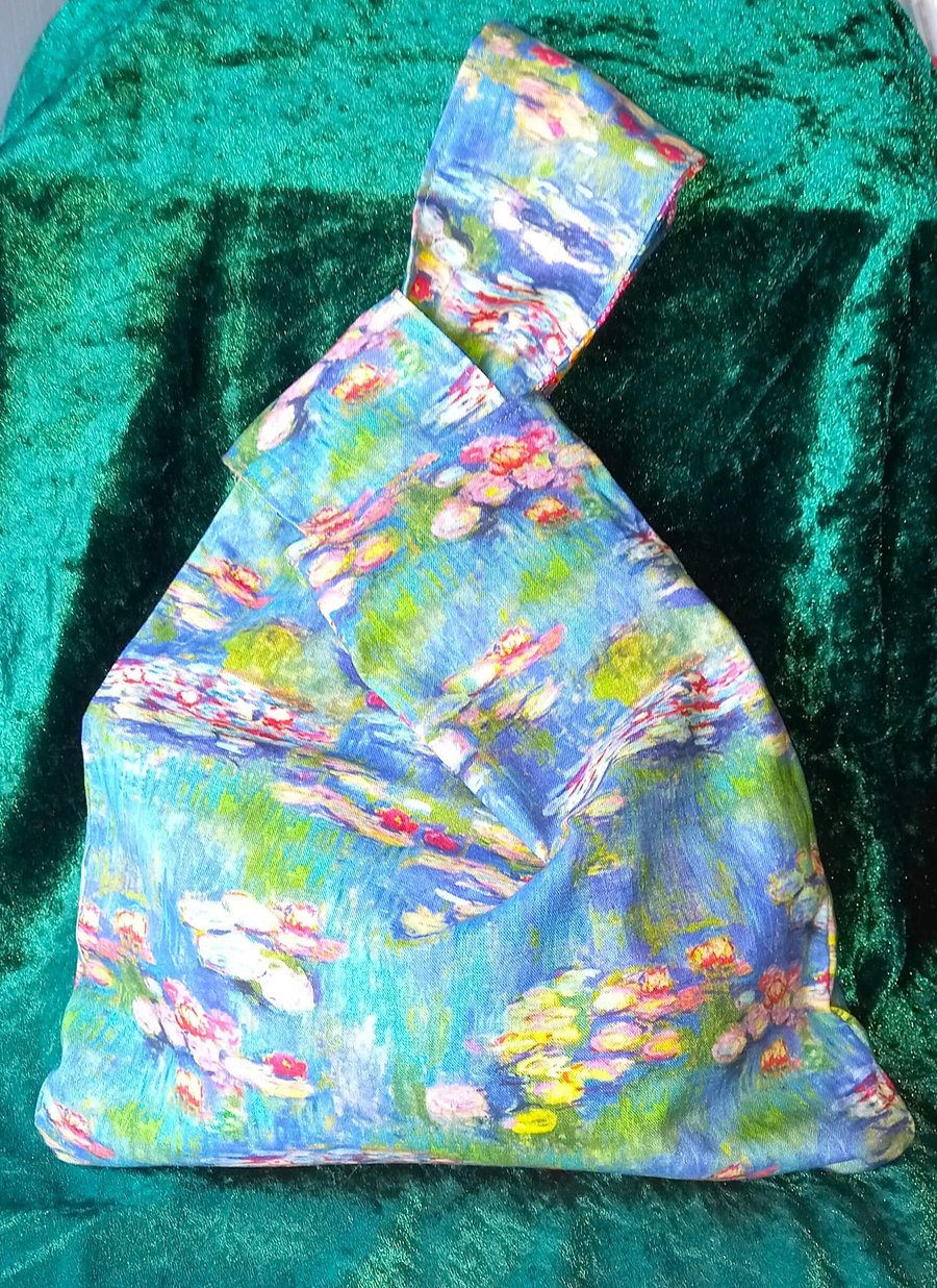 Waterlily and Blue Floral Japanese Knot Bag Medium